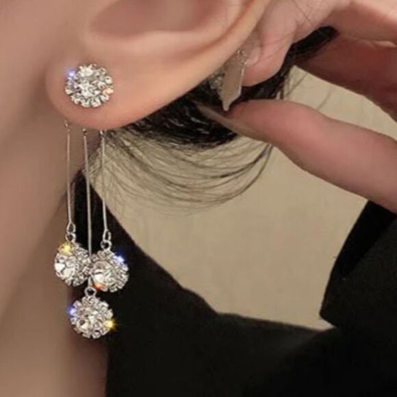 Clear White Baguette Diamond Cluster Dangle Earrings 14K Gold 925 Silver - Picture 9 of 10